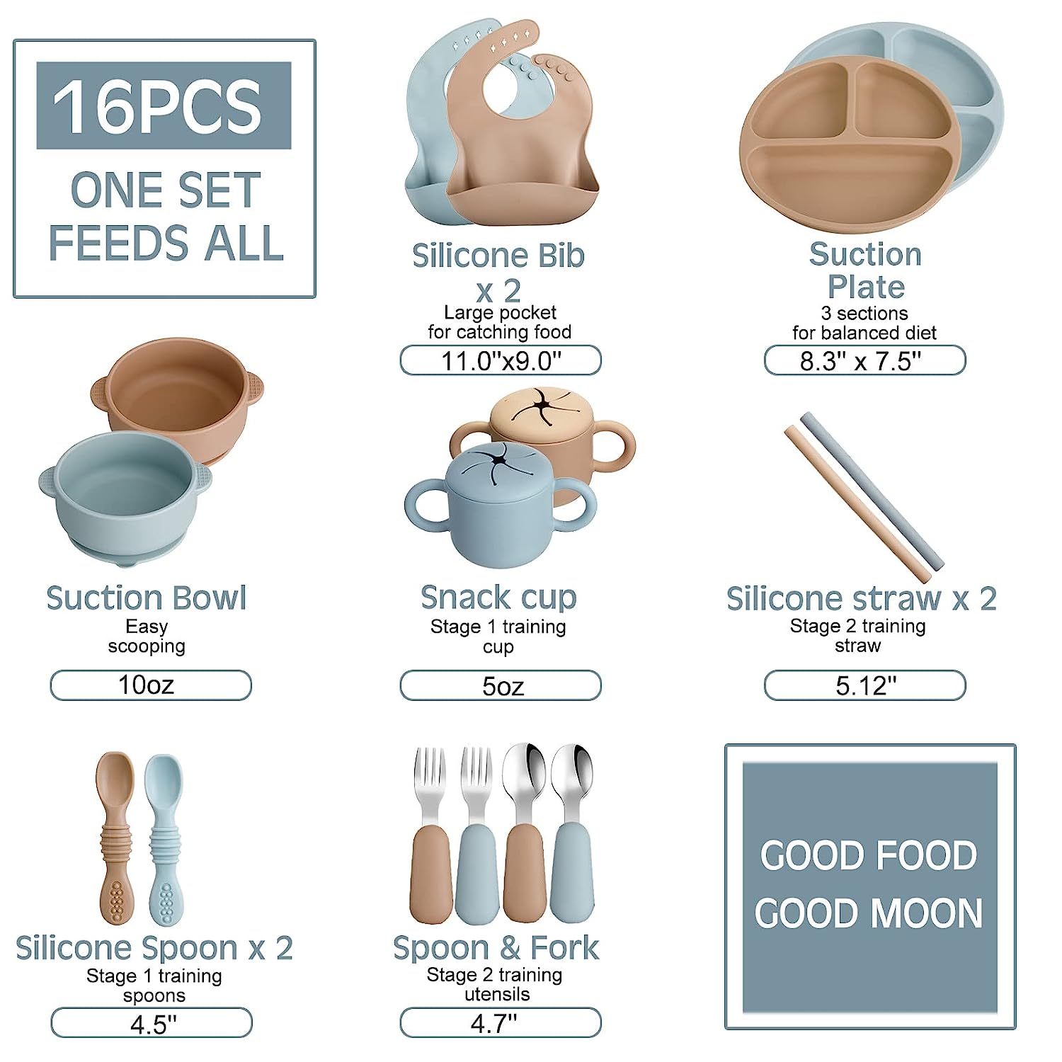 16 Pcs Silicone Baby Feeding Set Baby Led Weaning Supplies Baby Eating Supplies Utensils with Divided Silicone Suction Plates Adjustable Bib Bowl Cutlery Snack Cup Spoons Straw Green Beige 6 Months+ - Image 7